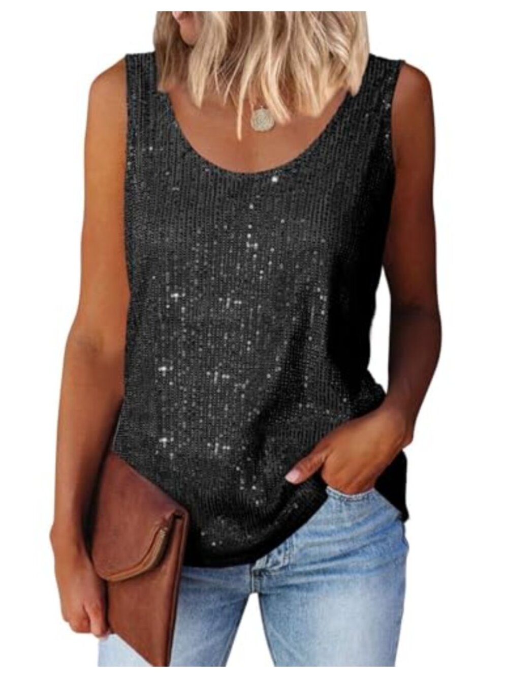 Sequin Sparkle Tank Top Sleeveless Scoop Neck Camisole